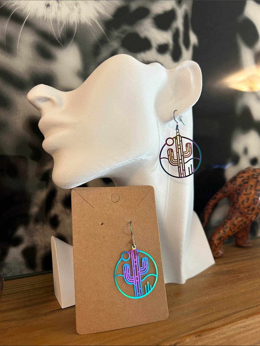 Iridescent Cactus Desert Scene Dangle Earrings (NWOT)